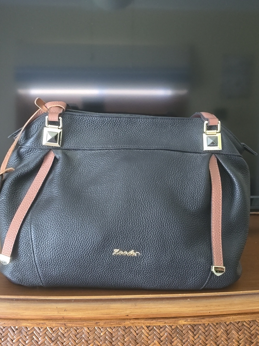 Black Pebbled Leather Shoulder Bag with Tan Straps